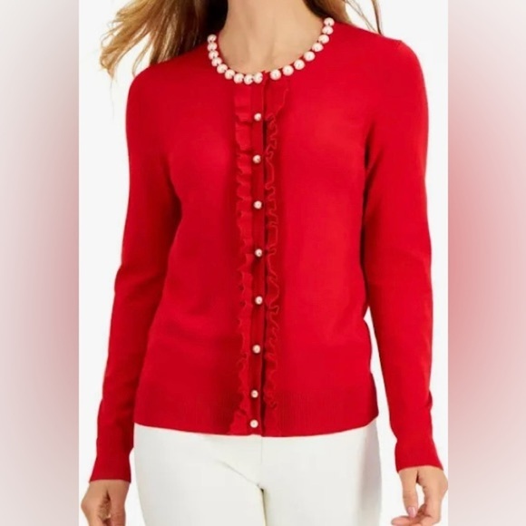 Charter Club Sweaters - Charter Club Womens Size L Ruffled-Front Cardigan Faux Pearl Buttons